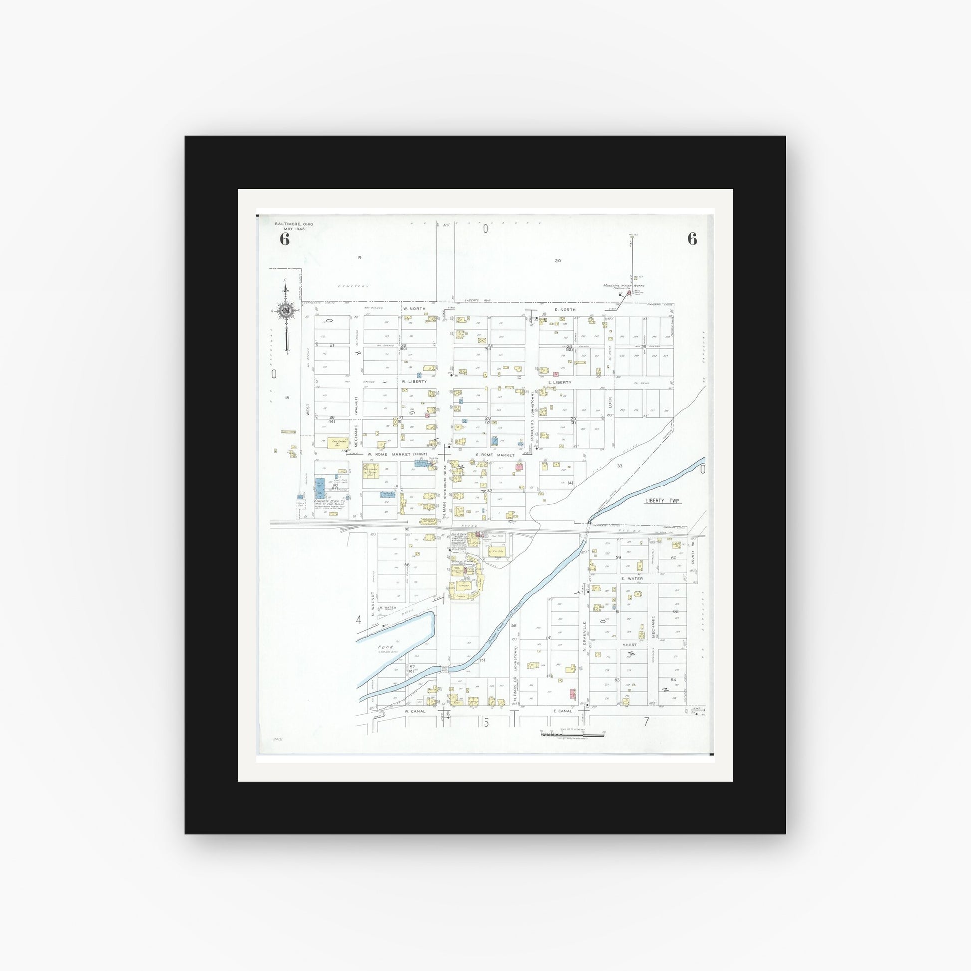 Old map wall art mockup — black gallery frame with white mat — Sanborn Fire Insurance Map from Baltimore, Fairfield County, Ohio (1946), Sheet #0006