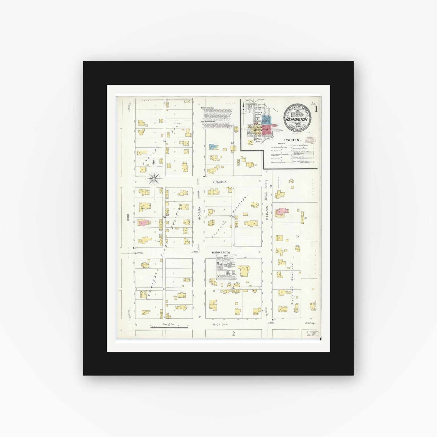 Old map wall art mockup — black gallery frame with white mat — Sanborn Fire Insurance Map from Remington, Jasper County, Indiana (1909) - Complete Map Set