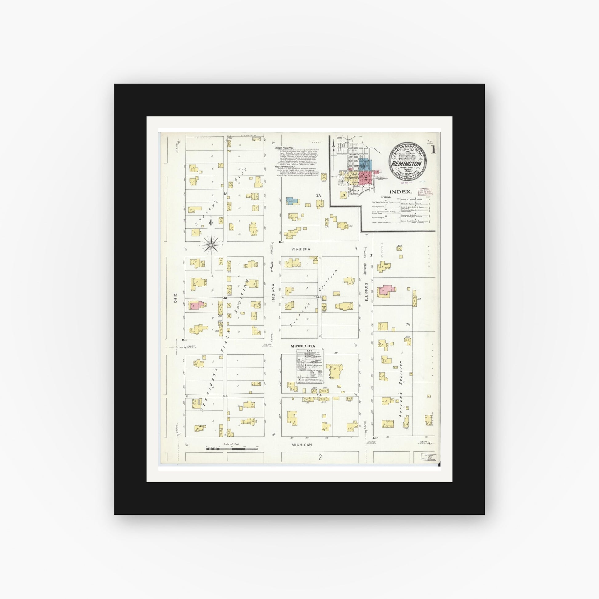 Old map wall art mockup — black gallery frame with white mat — Sanborn Fire Insurance Map from Remington, Jasper County, Indiana (1909) - Complete Map Set