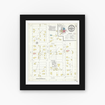 Old map wall art mockup — black gallery frame with white mat — Sanborn Fire Insurance Map from Remington, Jasper County, Indiana (1909) - Complete Map Set