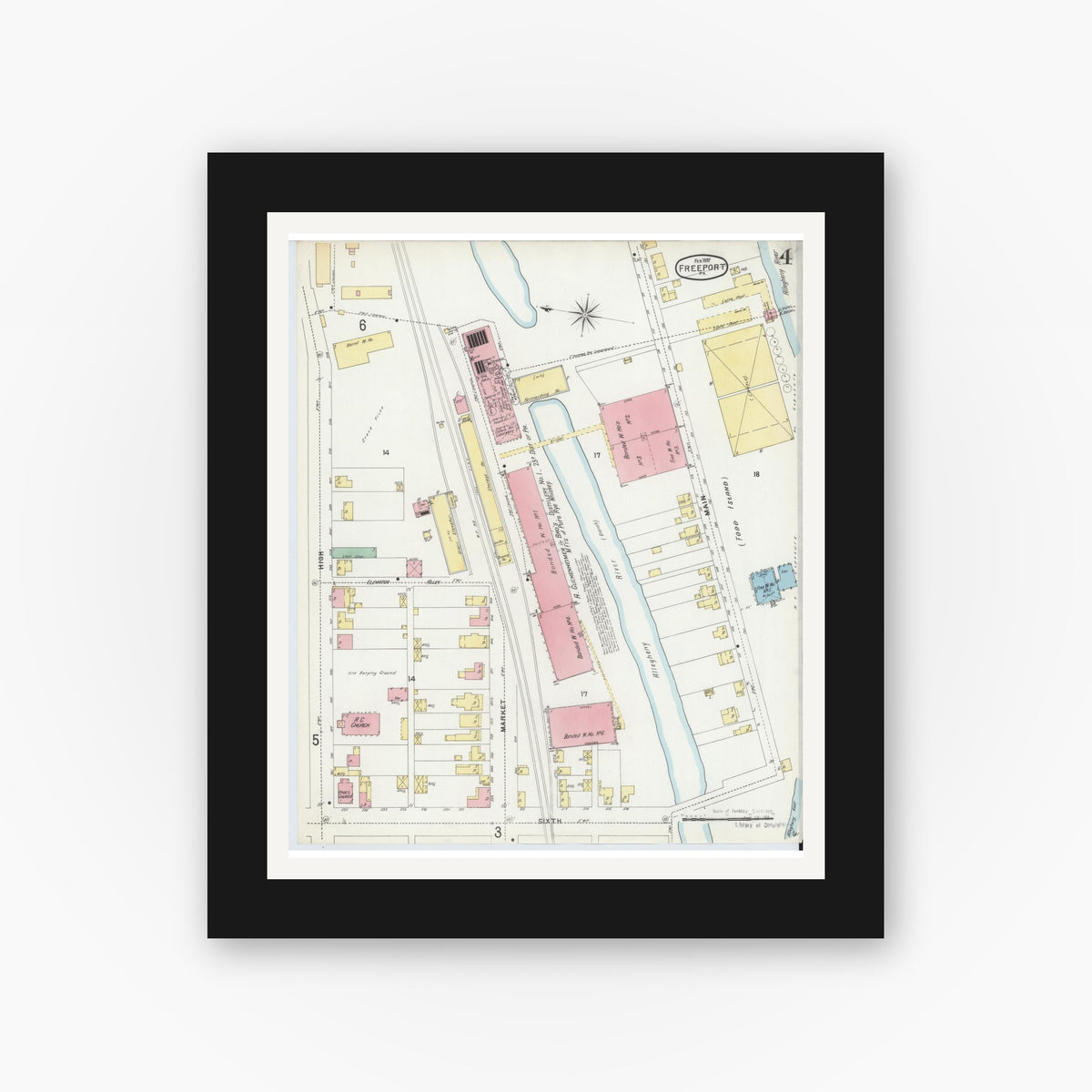 Old map wall art mockup — black gallery frame with white mat — Sanborn Fire Insurance Map from Freeport, Armstrong County, Pennsylvania (1897), Sheet #0004