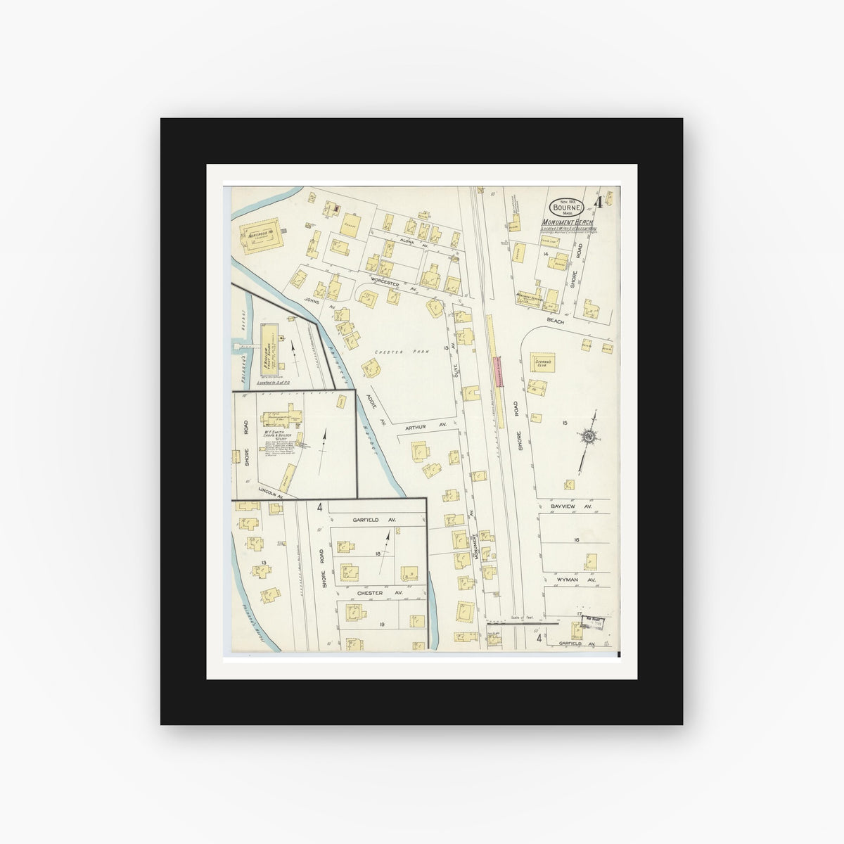 Old map wall art mockup — black gallery frame with white mat — Sanborn Fire Insurance Map from Bourne, Barnstable County, Massachusetts (1913), Sheet #0004