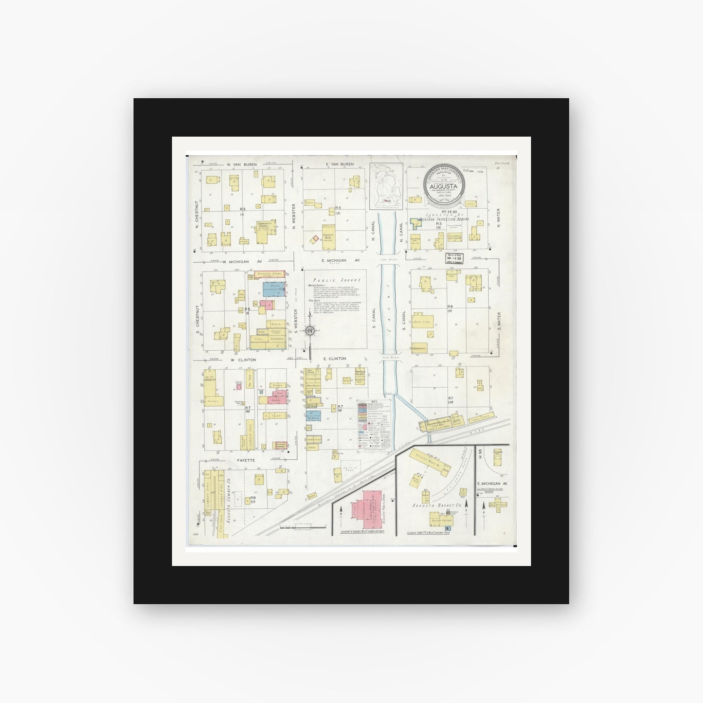 Old map wall art mockup — black gallery frame with white mat — Sanborn Fire Insurance Map from Augusta, Kalamazoo County, Michigan (1932), Sheet #0001