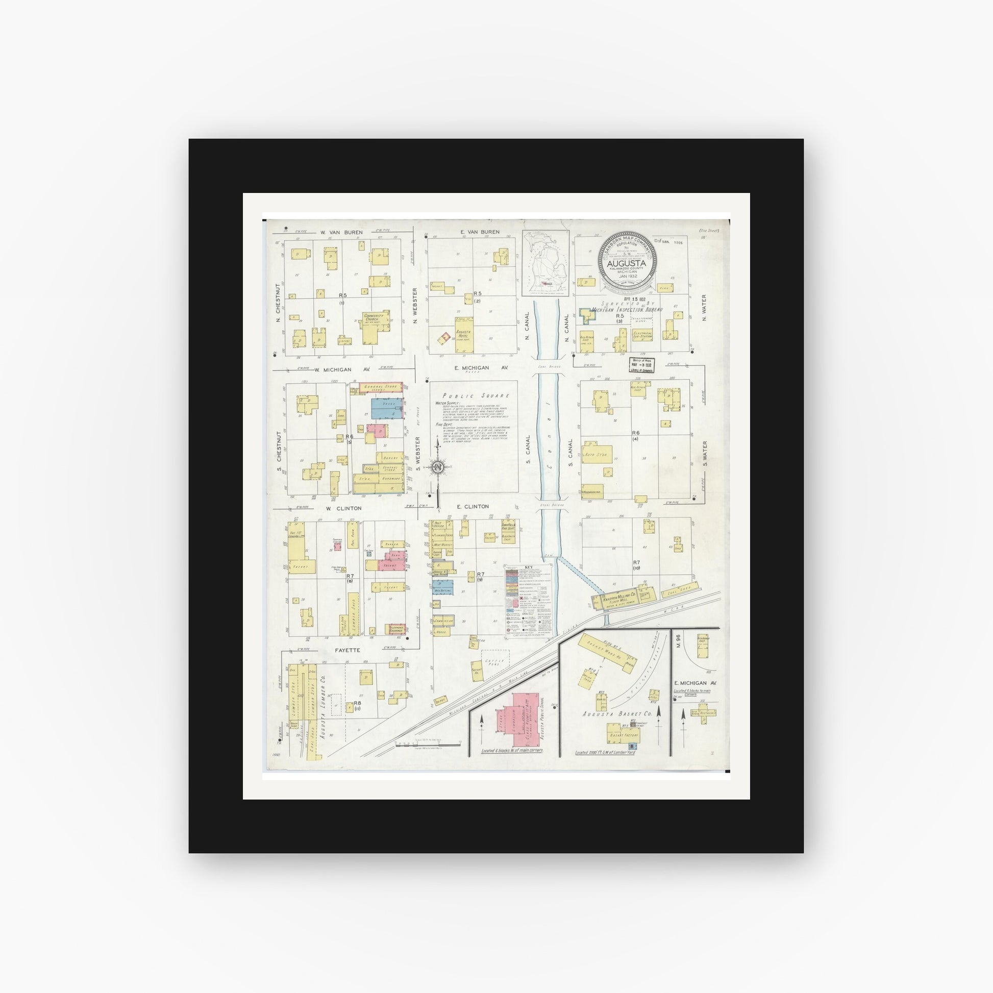 Old map wall art mockup — black gallery frame with white mat — Sanborn Fire Insurance Map from Augusta, Kalamazoo County, Michigan (1932), Sheet #0001