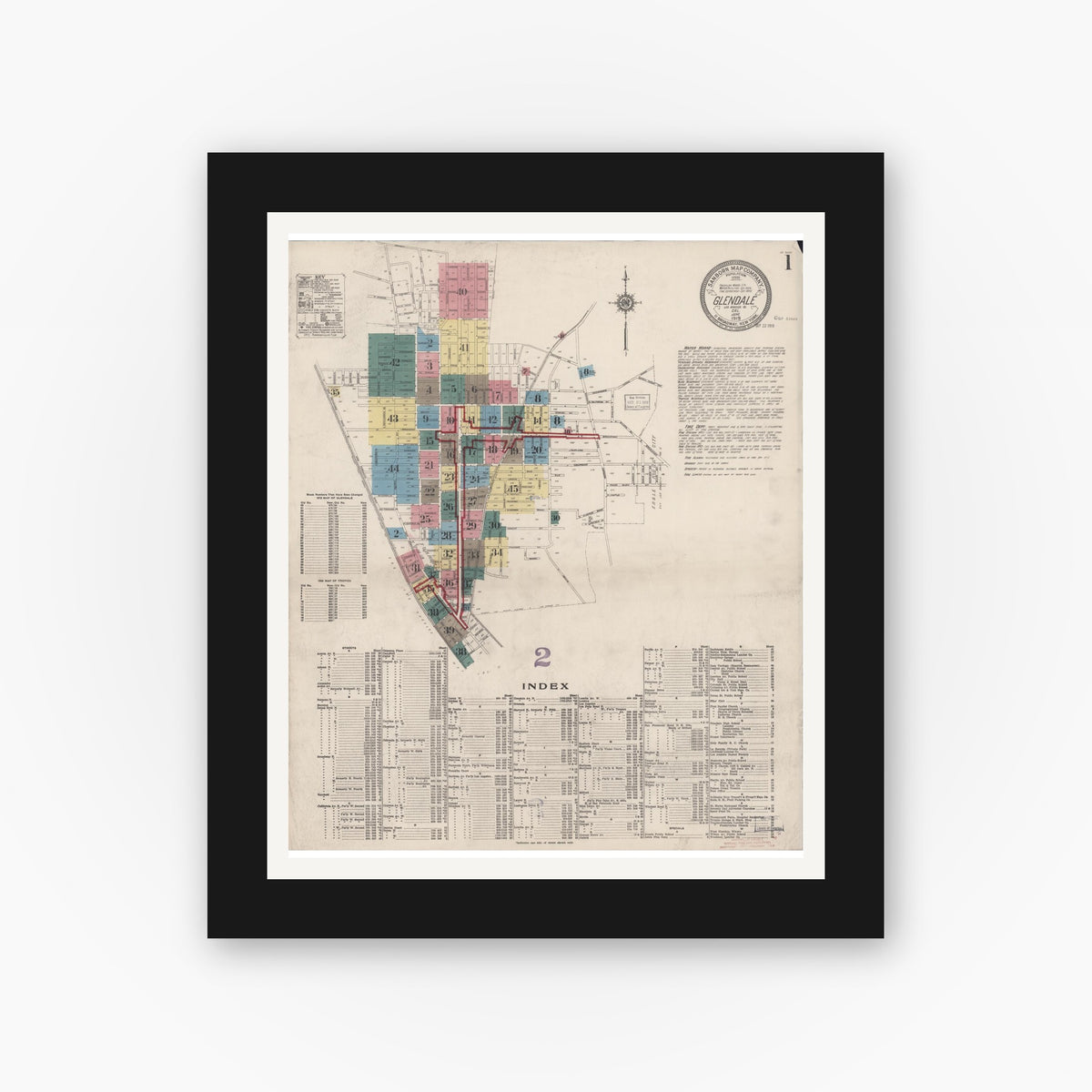Old map wall art mockup — black gallery frame with white mat — Sanborn Fire Insurance Map from Glendale, Los Angeles County, California (1919) - Complete Map Set