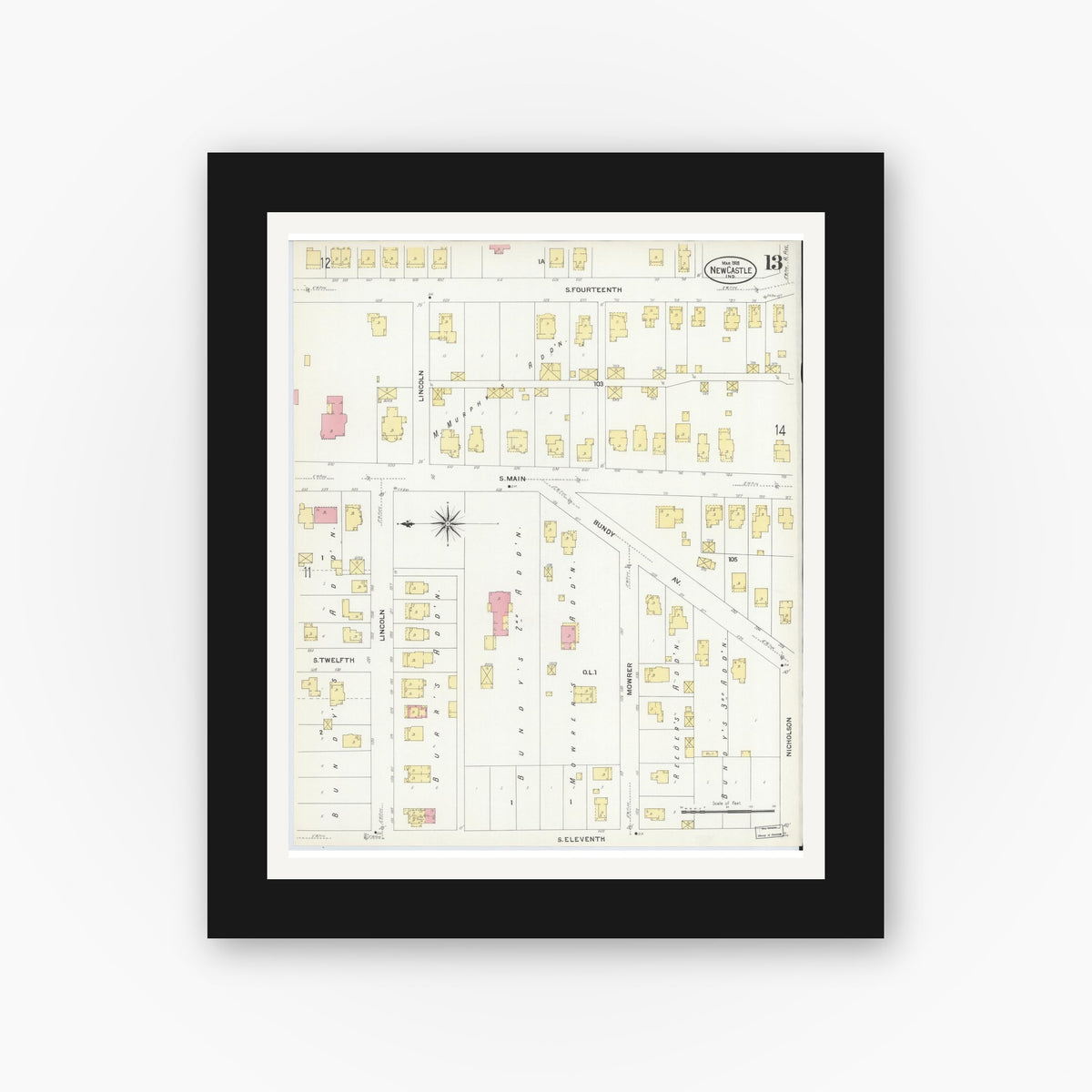 Old map wall art mockup — black gallery frame with white mat — Sanborn Fire Insurance Map from New Castle, Henry County, Indiana (1908), Sheet #0013