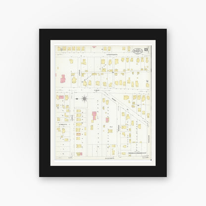 Old map wall art mockup — black gallery frame with white mat — Sanborn Fire Insurance Map from New Castle, Henry County, Indiana (1908), Sheet #0013