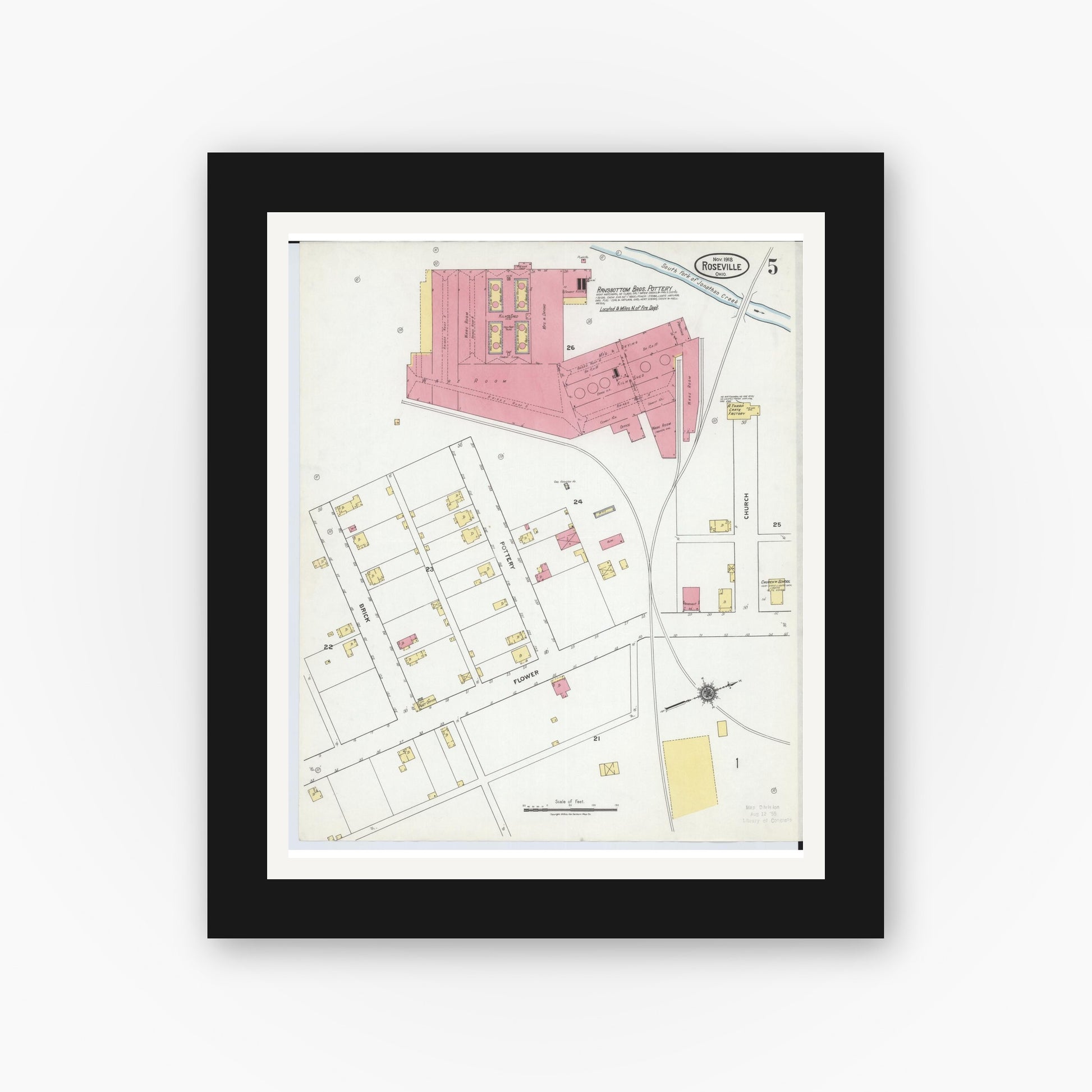 Old map wall art mockup — black gallery frame with white mat — Sanborn Fire Insurance Map from Roseville, Perry And Muskingum Counties, Ohio (1918), Sheet #0005