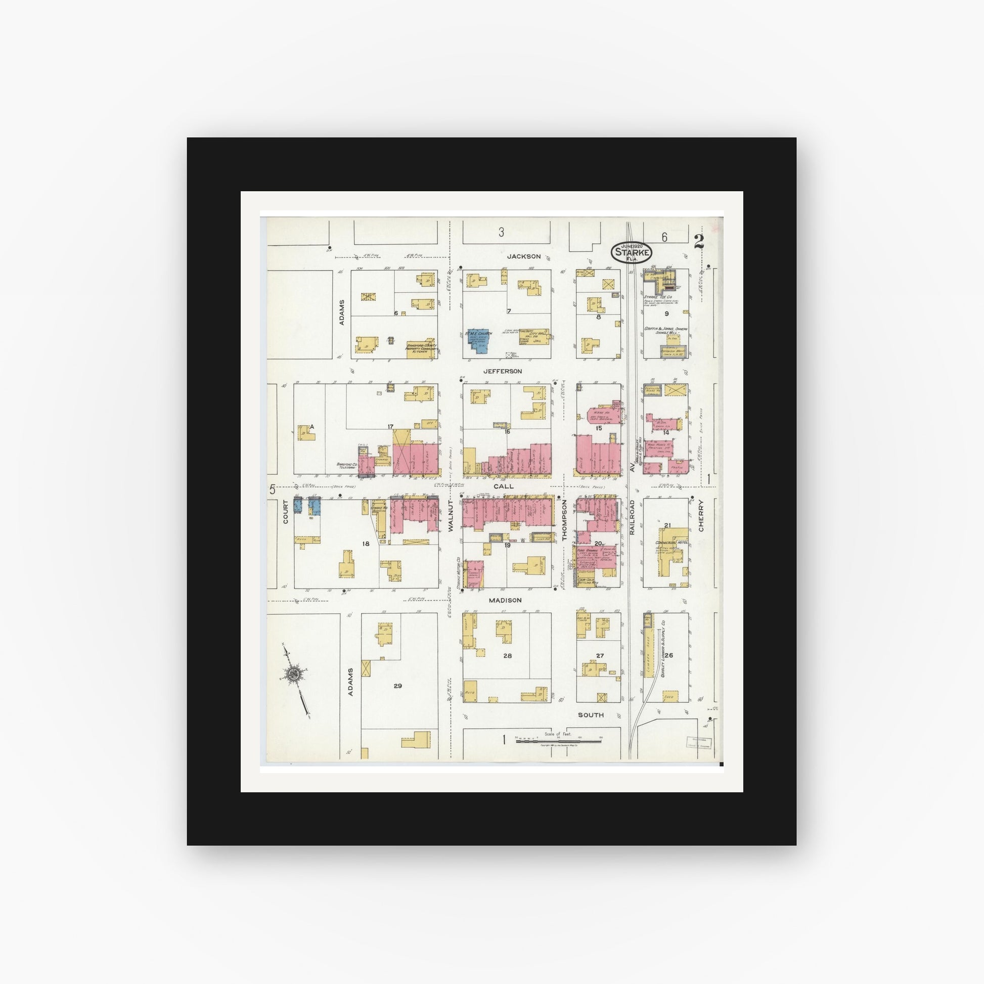 Old map wall art mockup — black gallery frame with white mat — Sanborn Fire Insurance Map from Starke, Bradford County, Florida (1920), Sheet #0002