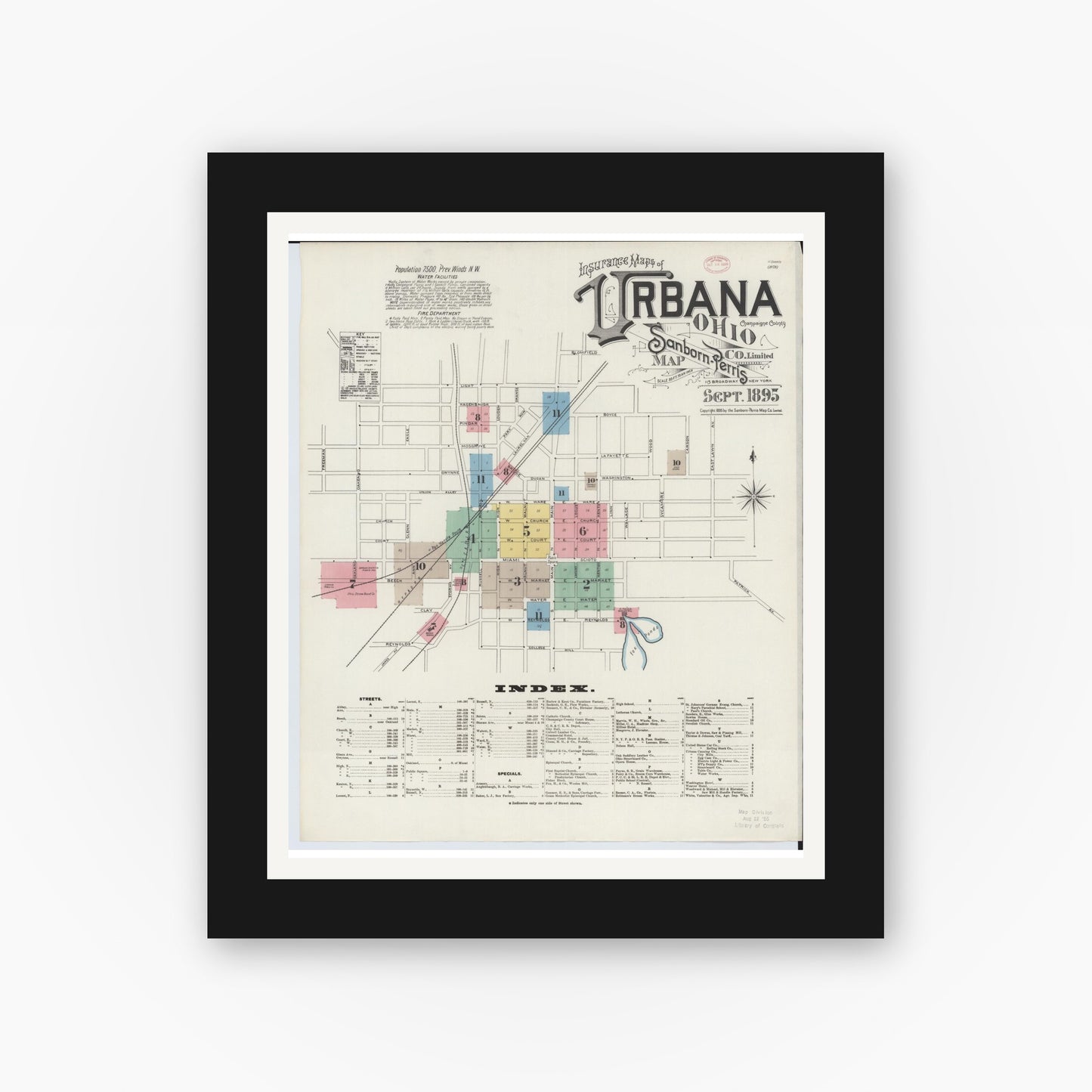 Old map wall art mockup — black gallery frame with white mat — Sanborn Fire Insurance Map from Urbana, Champaign County, Ohio (1895), Sheet #0001
