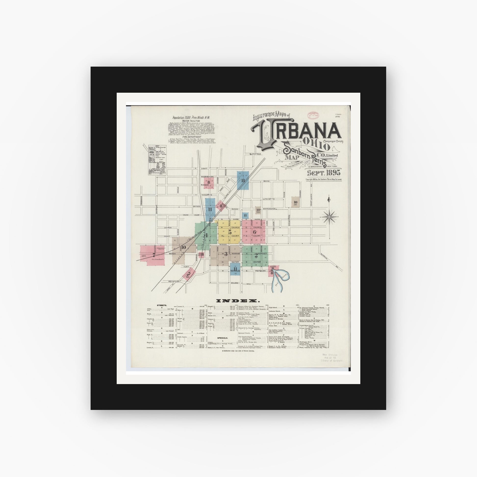 Old map wall art mockup — black gallery frame with white mat — Sanborn Fire Insurance Map from Urbana, Champaign County, Ohio (1895), Sheet #0001