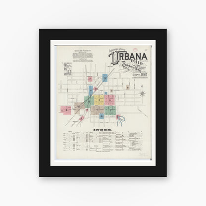 Old map wall art mockup — black gallery frame with white mat — Sanborn Fire Insurance Map from Urbana, Champaign County, Ohio (1895), Sheet #0001