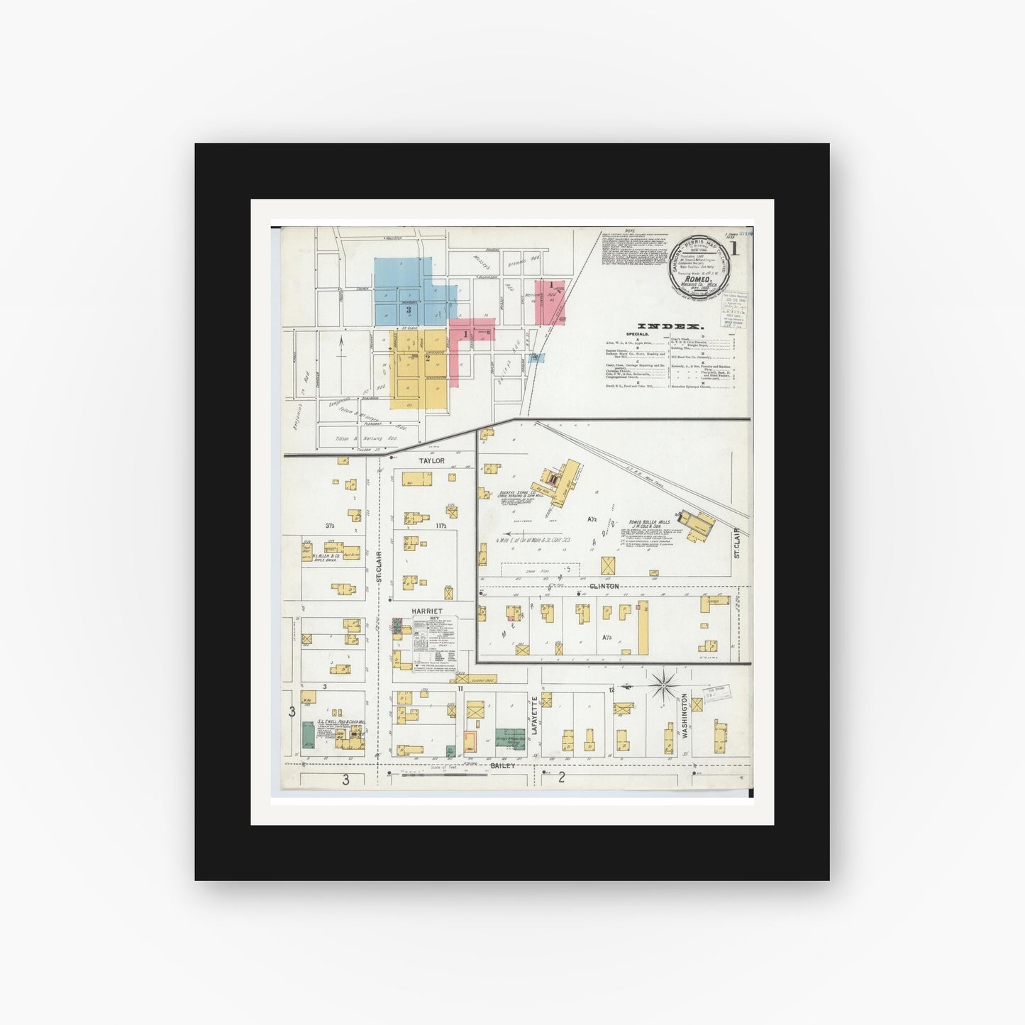 Old map wall art mockup — black gallery frame with white mat — Sanborn Fire Insurance Map from Romeo, Macomb County, Michigan (1900) - Complete Map Set