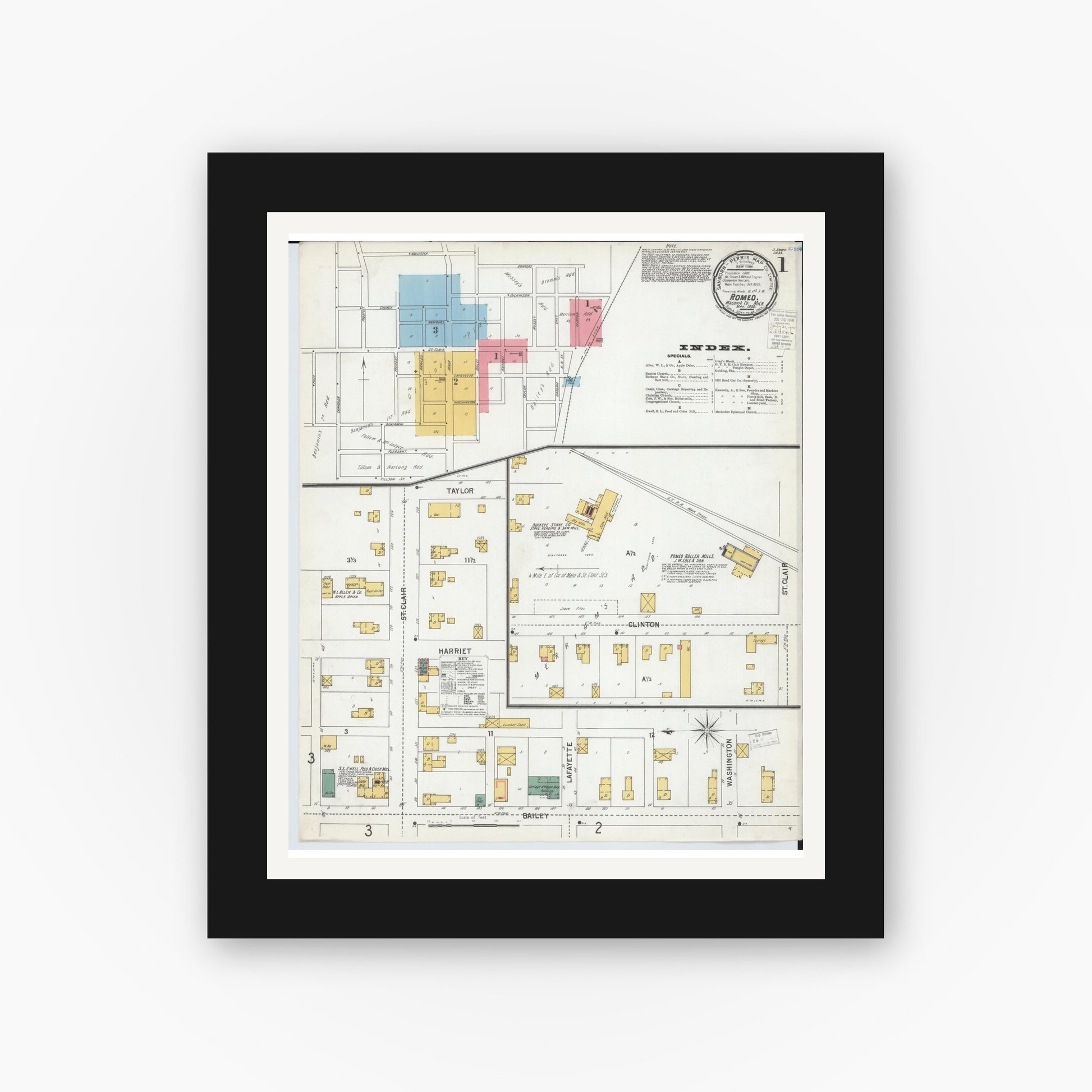Old map wall art mockup — black gallery frame with white mat — Sanborn Fire Insurance Map from Romeo, Macomb County, Michigan (1900) - Complete Map Set
