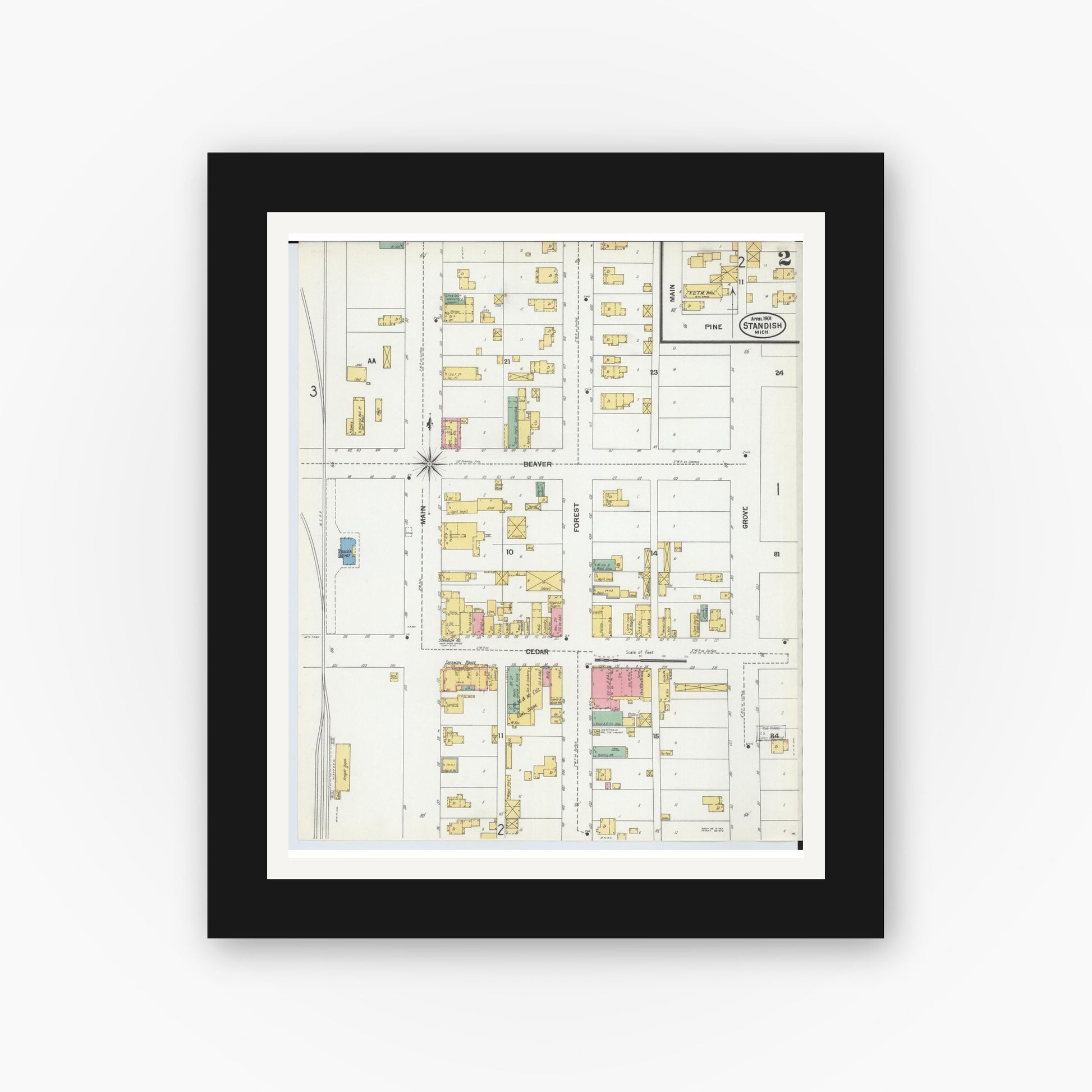 Old map wall art mockup — black gallery frame with white mat — Sanborn Fire Insurance Map from Standish, Arenac County, Michigan (1901), Sheet #0002