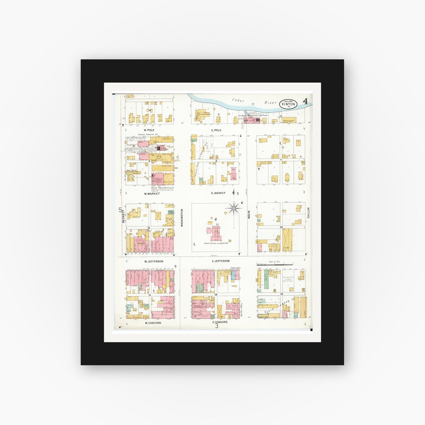 Old map wall art mockup — black gallery frame with white mat — Sanborn Fire Insurance Map from Vinton, Benton County, Iowa (1899), Sheet #0004