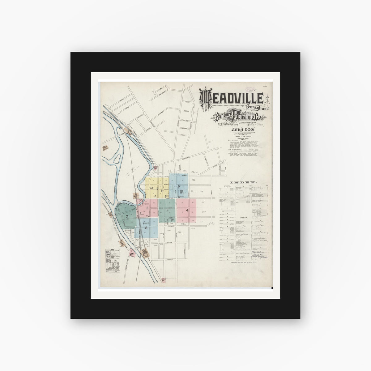 Old map wall art mockup — black gallery frame with white mat — Sanborn Fire Insurance Map from Meadville, Crawford County, Pennsylvania (1886), Sheet #0001