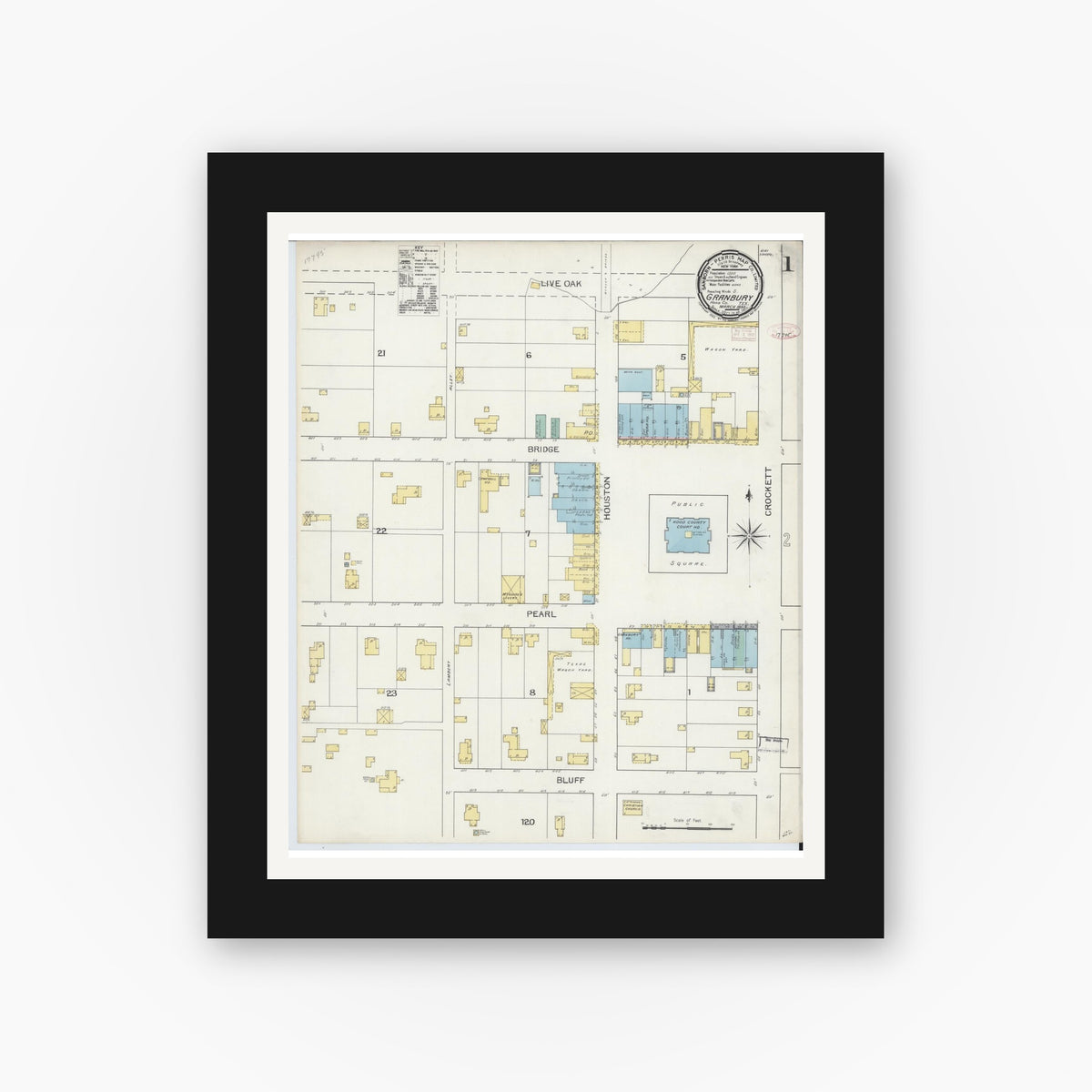 Old map wall art mockup — black gallery frame with white mat — Sanborn Fire Insurance Map from Granbury, Hood County, Texas (1893) - Complete Map Set