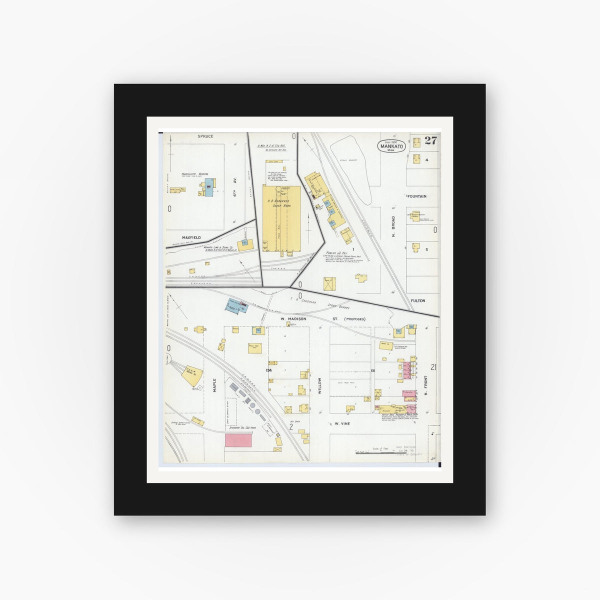Old map wall art mockup — black gallery frame with white mat — Sanborn Fire Insurance Map from Mankato, Blue Earth County, Minnesota (1900), Sheet #0027
