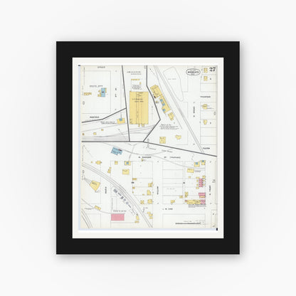Old map wall art mockup — black gallery frame with white mat — Sanborn Fire Insurance Map from Mankato, Blue Earth County, Minnesota (1900), Sheet #0027