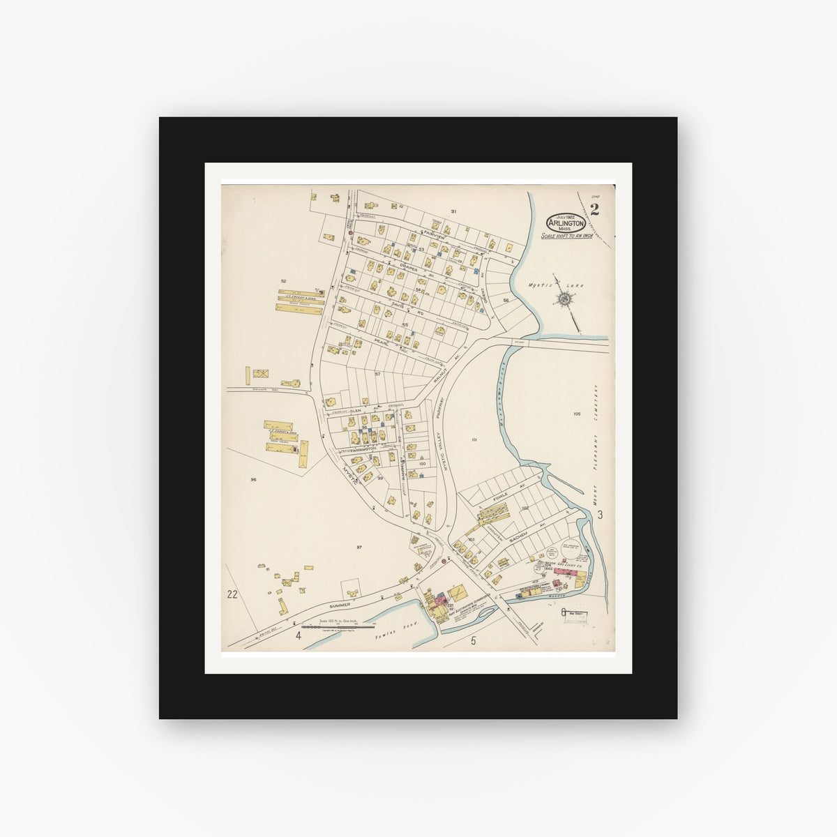 Old map wall art mockup — black gallery frame with white mat — Sanborn Fire Insurance Map from Arlington, Middlesex County, Massachusetts (1922), Sheet #0002