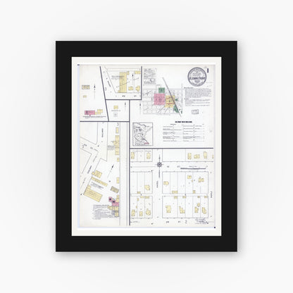 Old map wall art mockup — black gallery frame with white mat — Sanborn Fire Insurance Map from Blooming Prairie, Steele County, Minnesota (1917), Sheet #0001