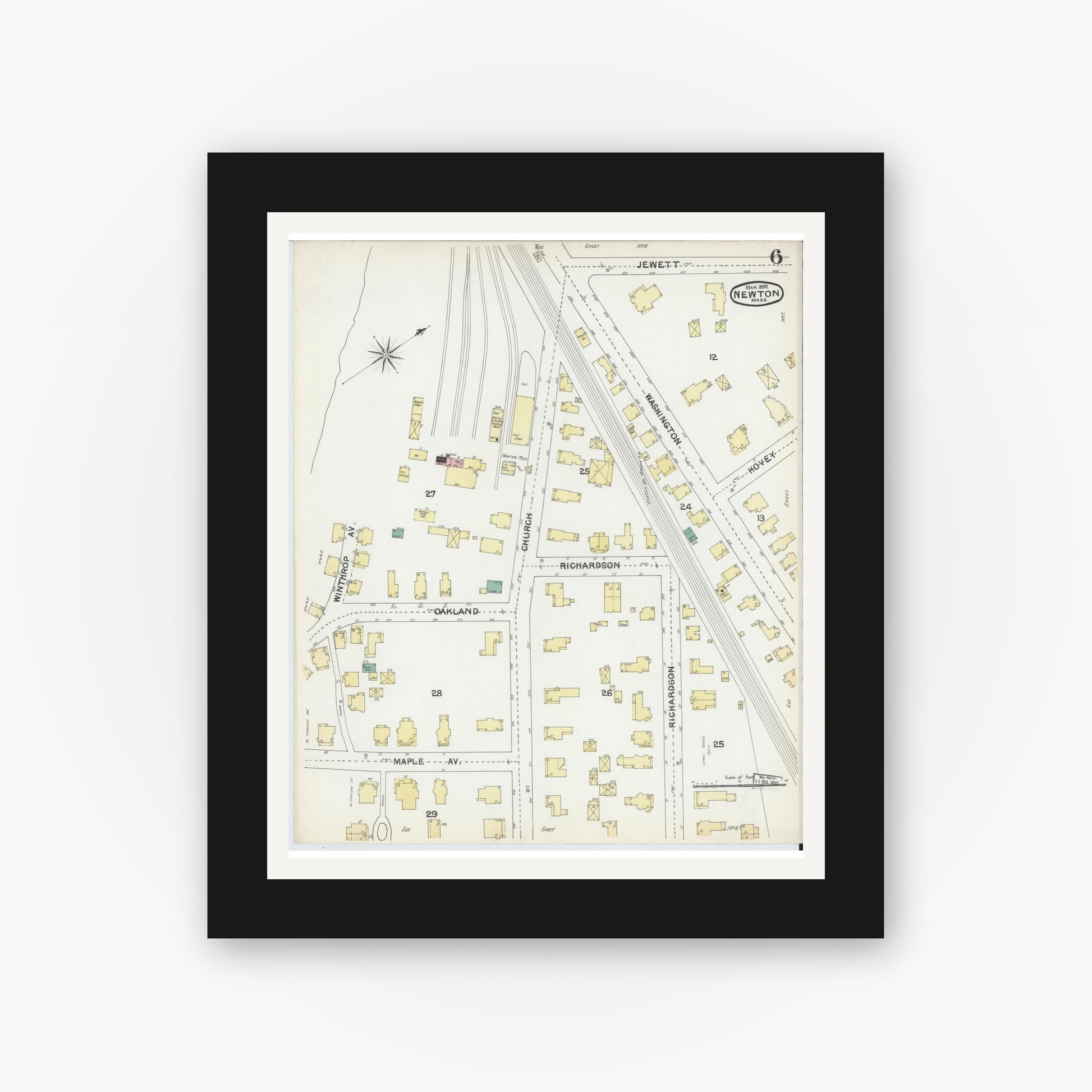 Old map wall art mockup — black gallery frame with white mat — Sanborn Fire Insurance Map from Newton, Middlesex County, Massachusetts (1892), Sheet #0006