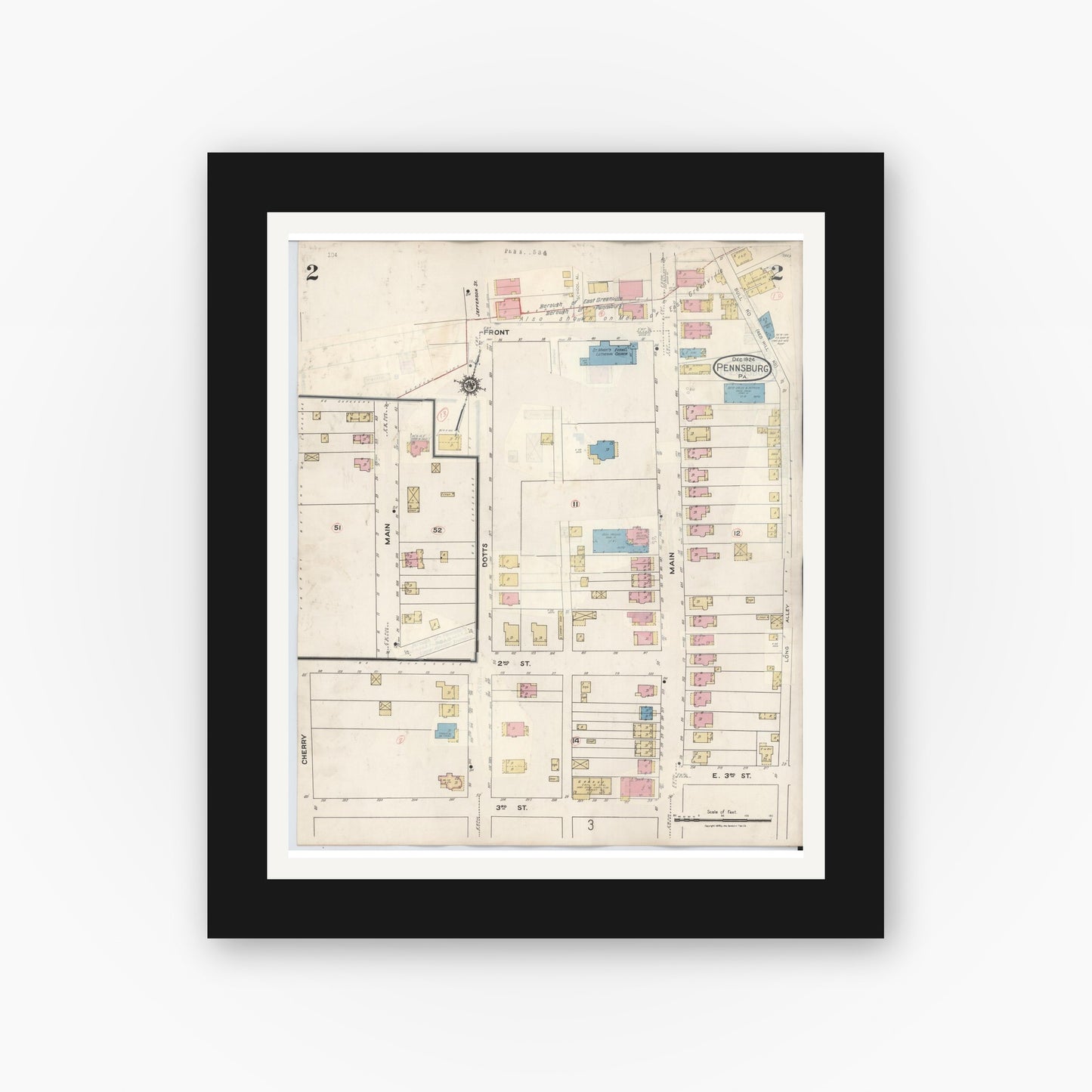 Old map wall art mockup — black gallery frame with white mat — Sanborn Fire Insurance Map from Pennsburg, Montgomery County, Pennsylvania (1933), Sheet #0002
