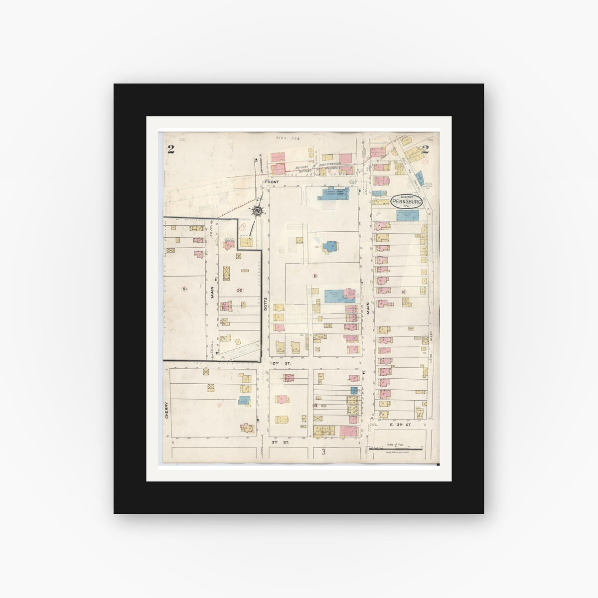 Old map wall art mockup — black gallery frame with white mat — Sanborn Fire Insurance Map from Pennsburg, Montgomery County, Pennsylvania (1933), Sheet #0002