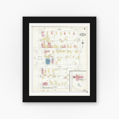 Old map wall art mockup — black gallery frame with white mat — Sanborn Fire Insurance Map from Carrollton, Carroll County, Ohio (1911), Sheet #0003