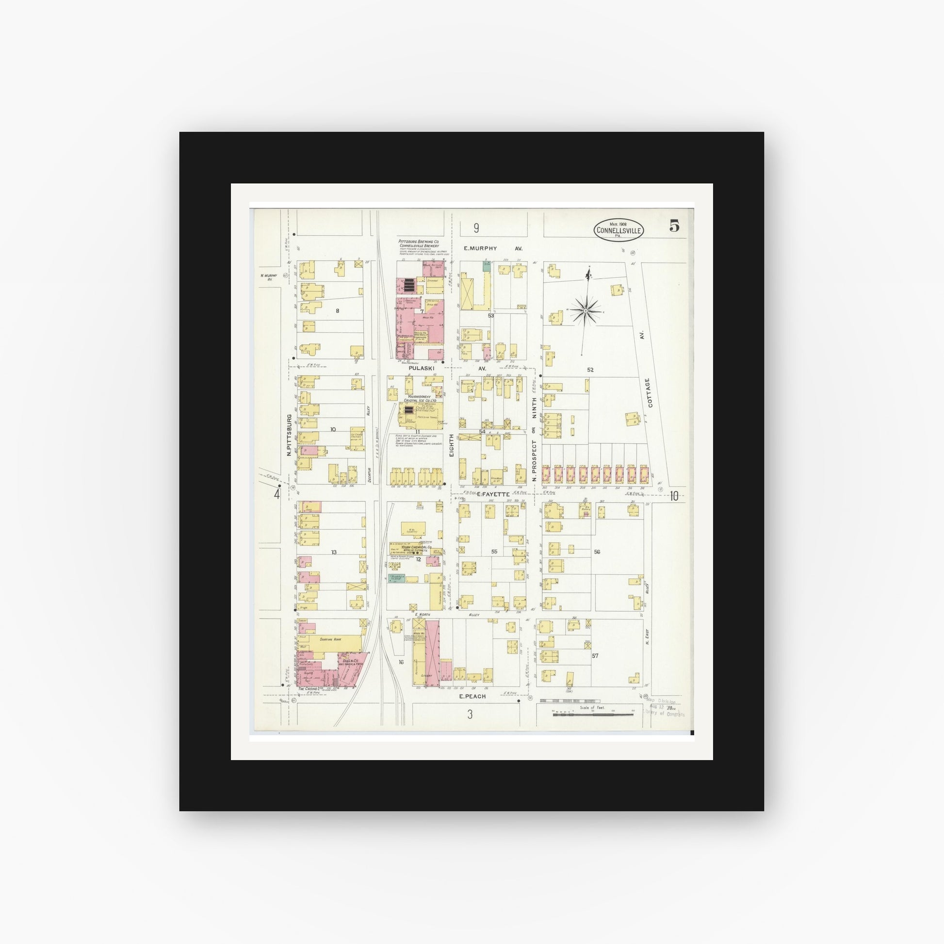Old map wall art mockup — black gallery frame with white mat — Sanborn Fire Insurance Map from Connellsville, Fayette County, Pennsylvania (1908), Sheet #0005