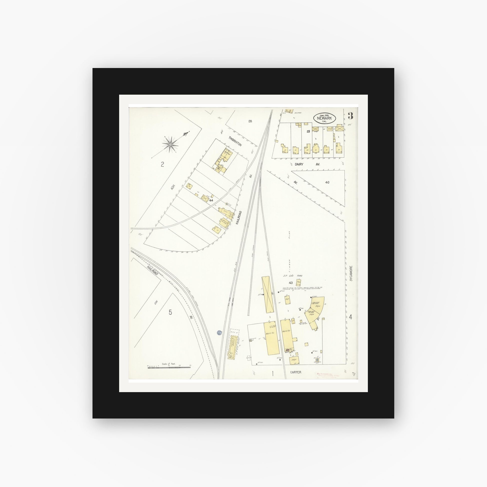 Old map wall art mockup — black gallery frame with white mat — Sanborn Fire Insurance Map from Newark, Alameda County, California (1908), Sheet #0003