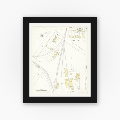 Old map wall art mockup — black gallery frame with white mat — Sanborn Fire Insurance Map from Newark, Alameda County, California (1908), Sheet #0003
