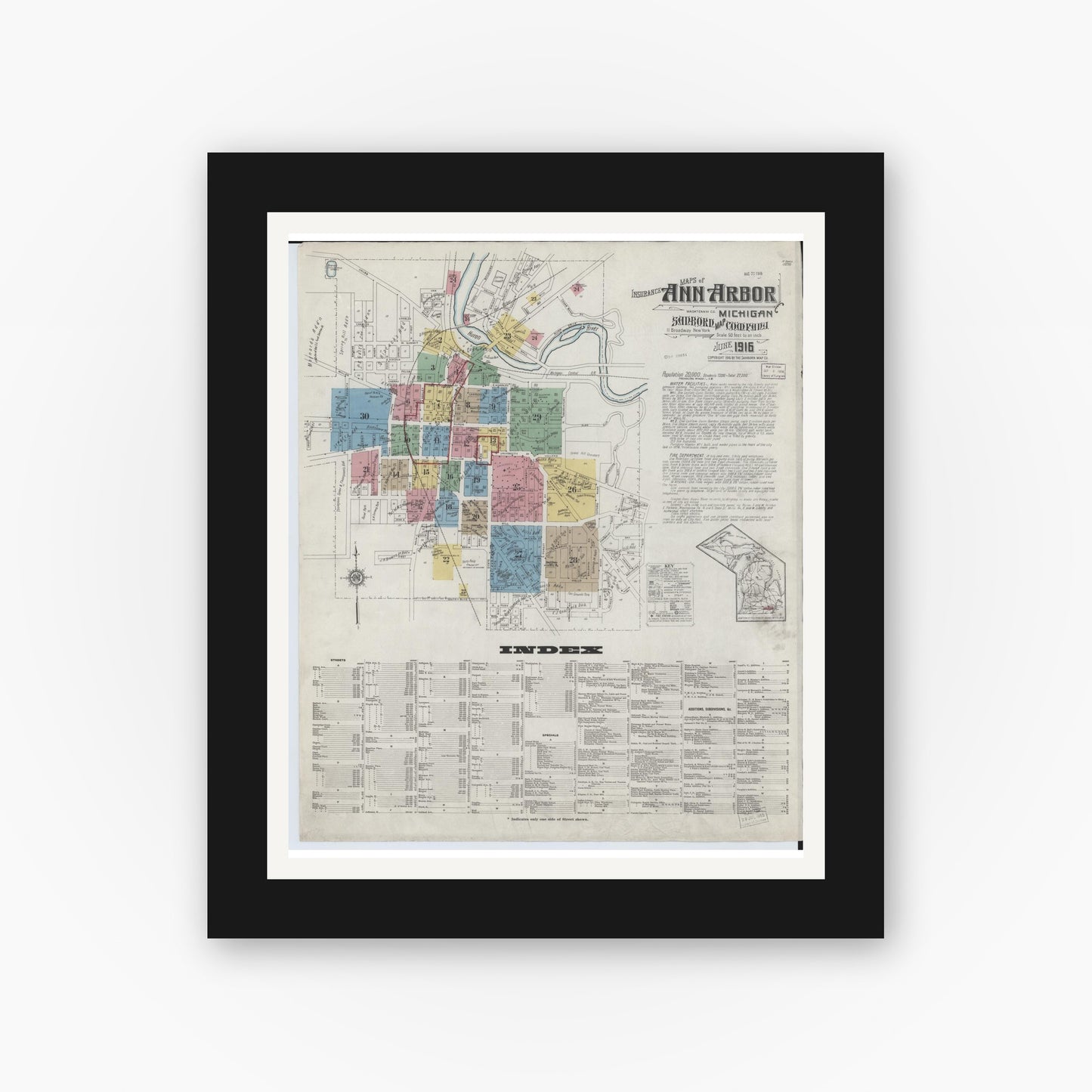 Old map wall art mockup — black gallery frame with white mat — Sanborn Fire Insurance Map from Ann Arbor, Washtenaw County, Michigan (1916) - Complete Map Set