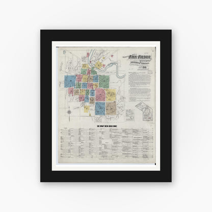Old map wall art mockup — black gallery frame with white mat — Sanborn Fire Insurance Map from Ann Arbor, Washtenaw County, Michigan (1916) - Complete Map Set