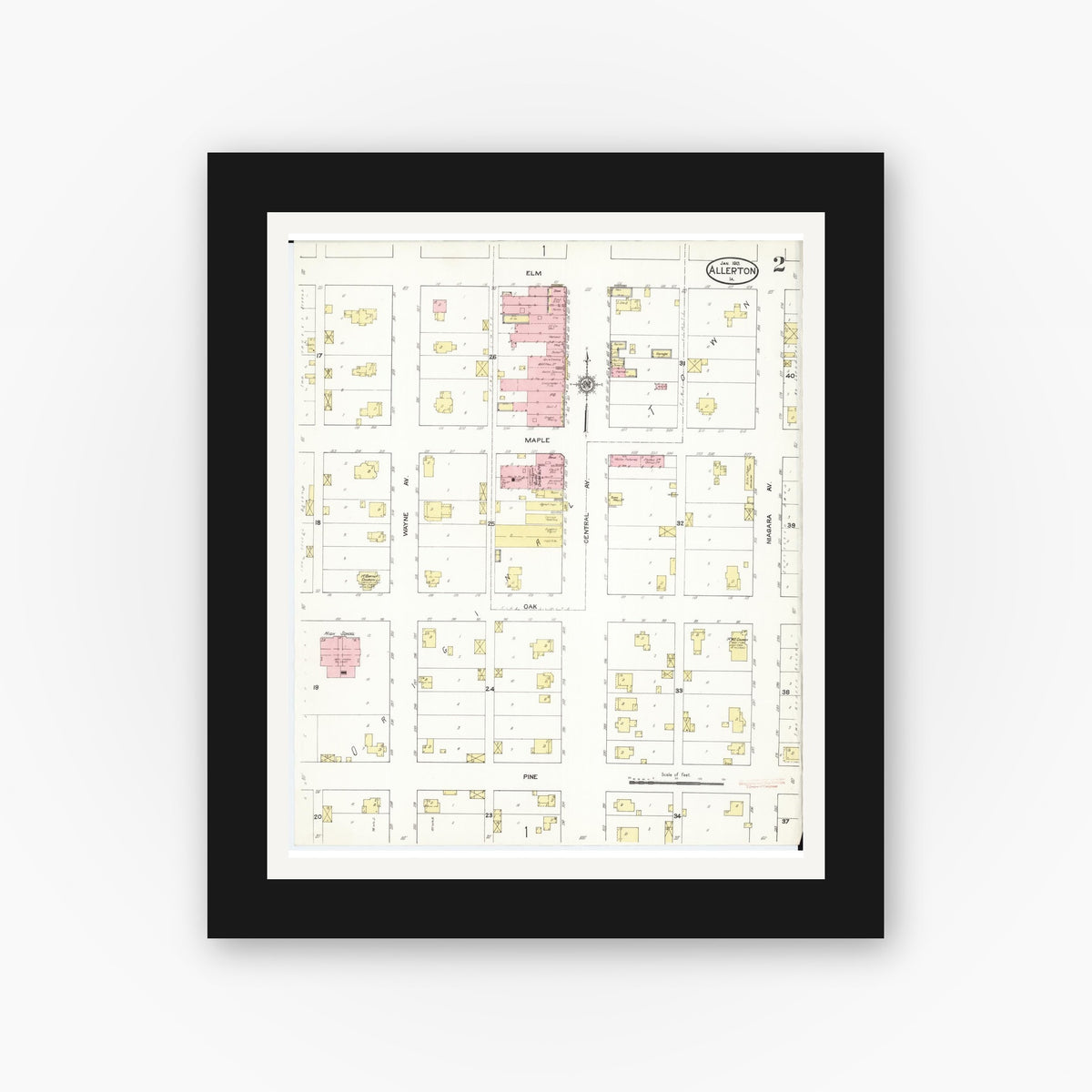 Old map wall art mockup — black gallery frame with white mat — Sanborn Fire Insurance Map from Allerton, Wayne County, Iowa (1913), Sheet #0002