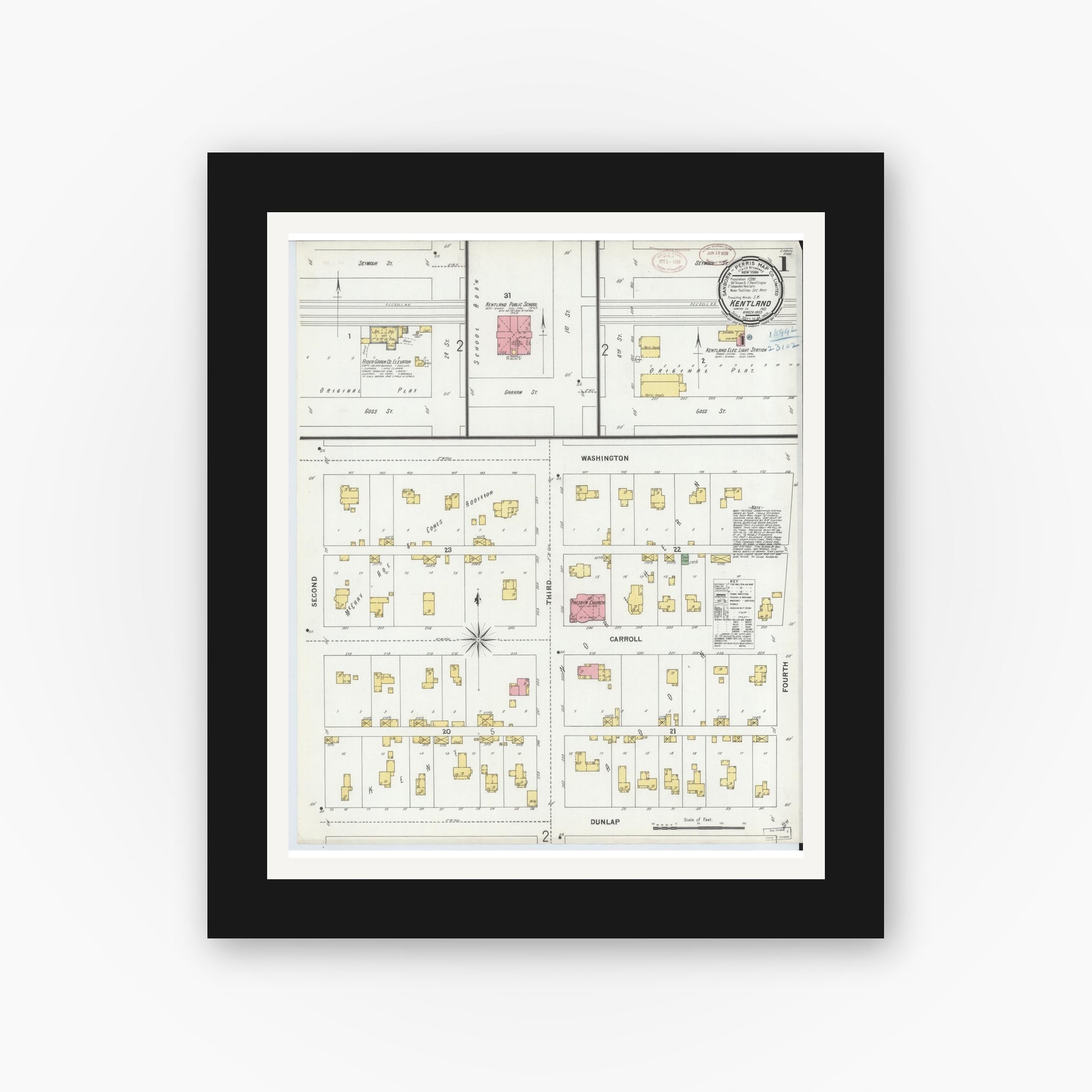 Old map wall art mockup — black gallery frame with white mat — Sanborn Fire Insurance Map from Kentland, Newton County, Indiana (1899) - Complete Map Set