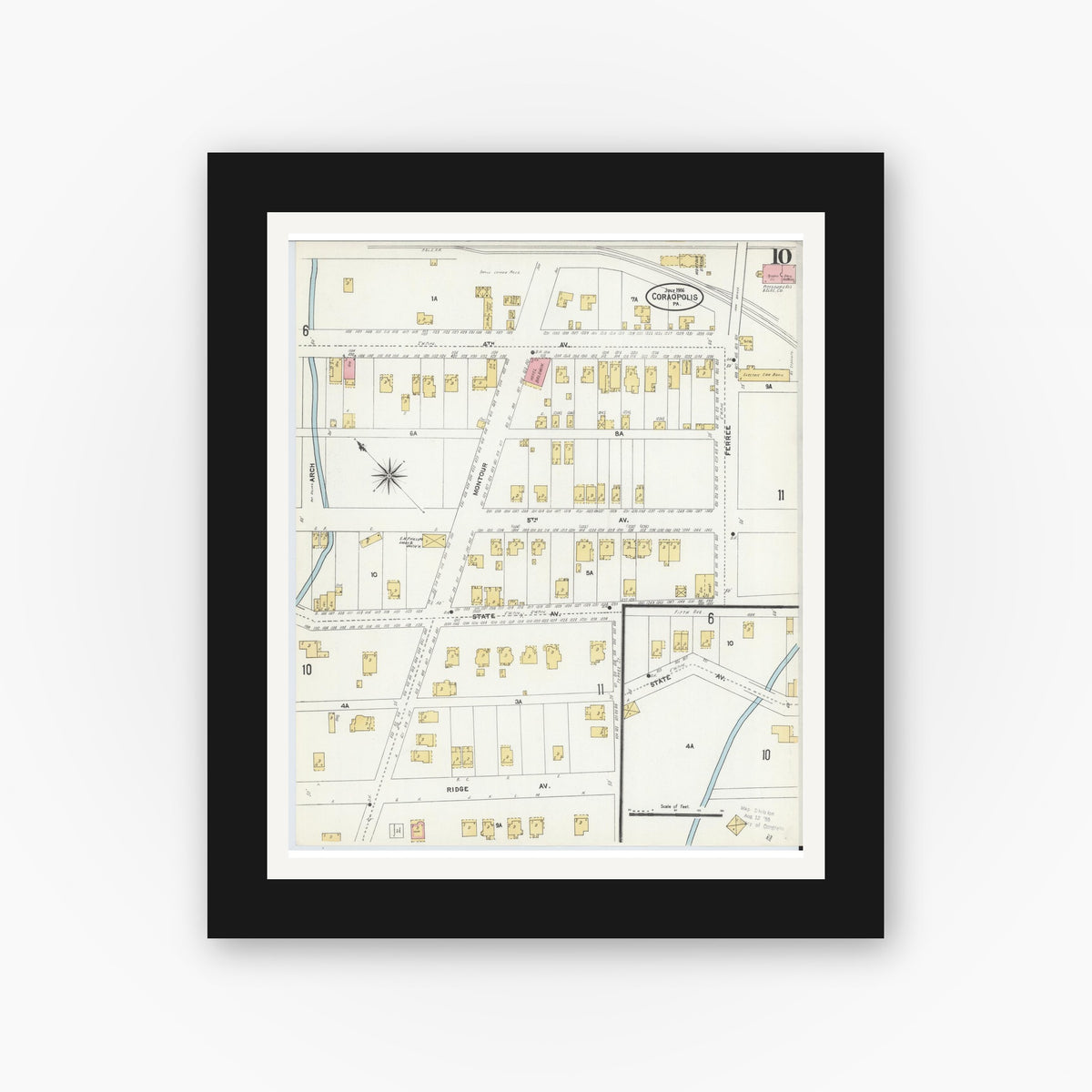 Old map wall art mockup — black gallery frame with white mat — Sanborn Fire Insurance Map from Coraopolis, Allegheny County, Pennsylvania (1906), Sheet #0010