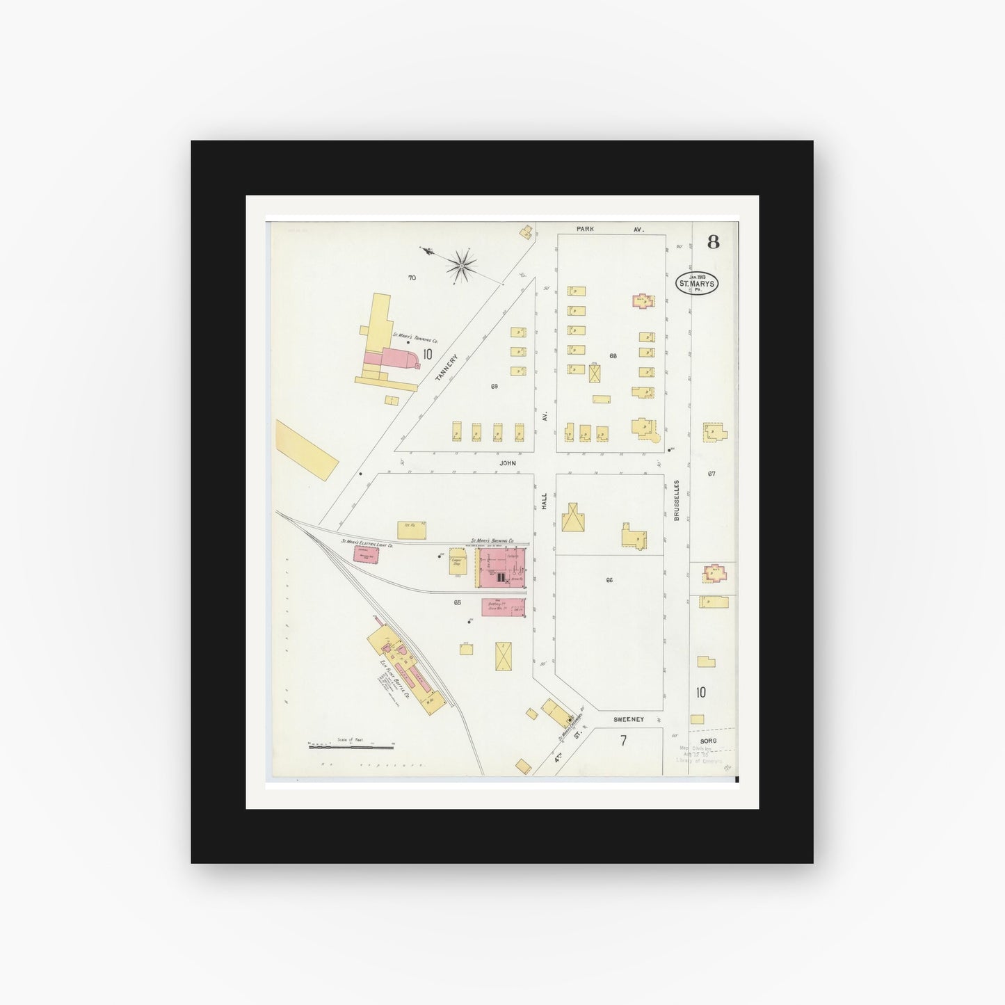 Old map wall art mockup — black gallery frame with white mat — Sanborn Fire Insurance Map from Saint Marys, Elk County, Pennsylvania (1904), Sheet #0008