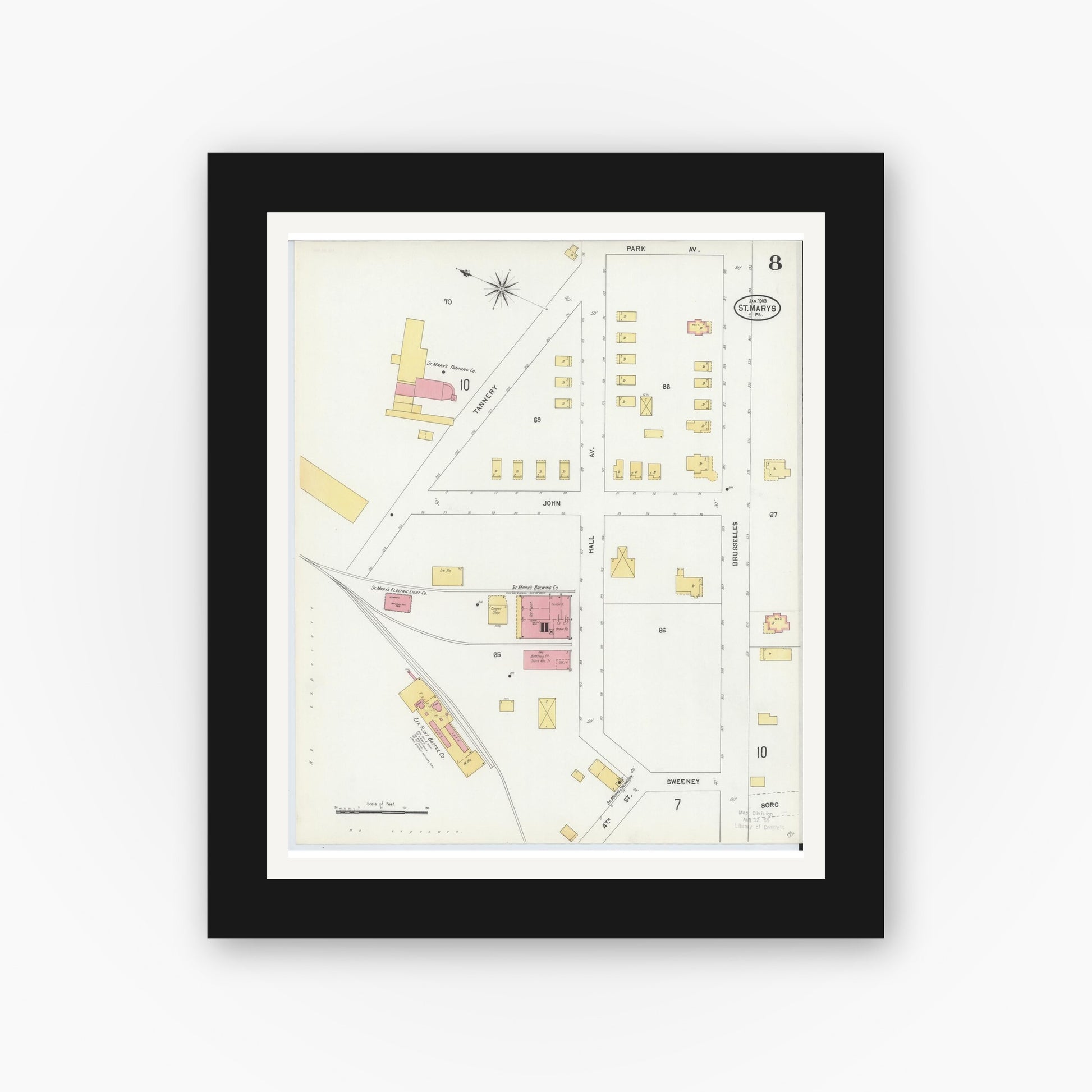 Old map wall art mockup — black gallery frame with white mat — Sanborn Fire Insurance Map from Saint Marys, Elk County, Pennsylvania (1904), Sheet #0008