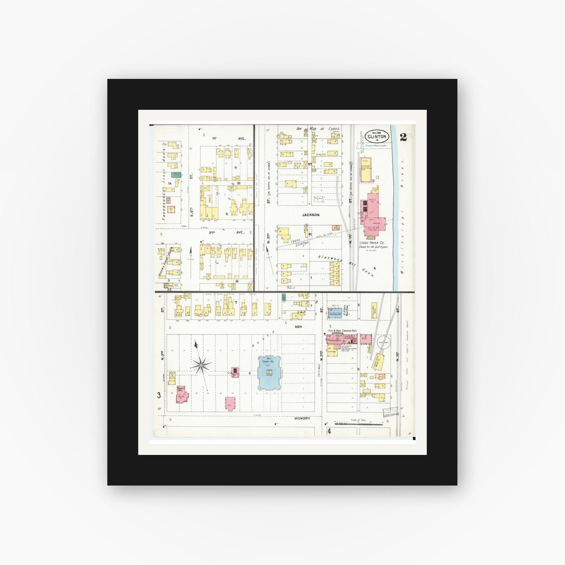 Old map wall art mockup — black gallery frame with white mat — Sanborn Fire Insurance Map from Clinton, Clinton County, Iowa (1902), Sheet #0002