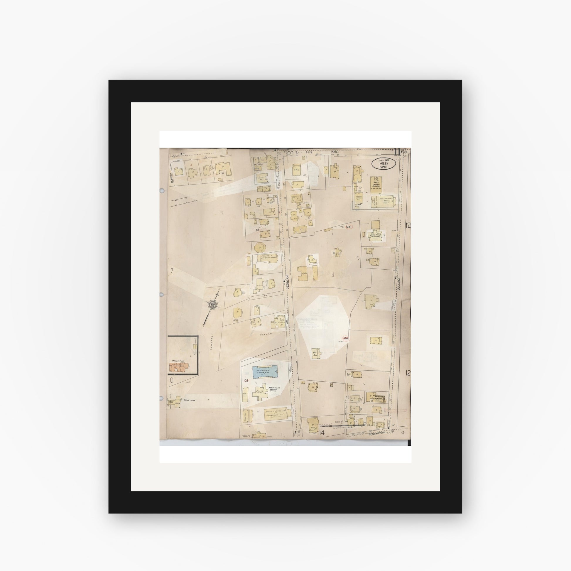 Old map wall art mockup — black gallery frame with white mat — Sanborn Fire Insurance Map from Hilo, Hawaii County, Hawaii (1957), Sheet #0011