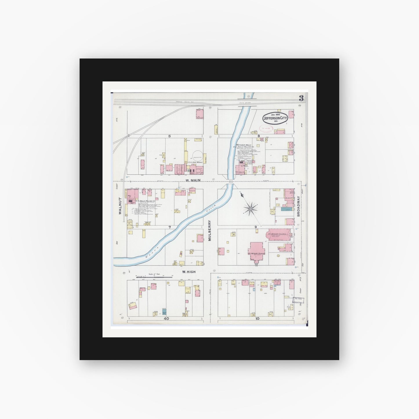 Old map wall art mockup — black gallery frame with white mat — Sanborn Fire Insurance Map from Jefferson City, Cole County, Missouri (1892), Sheet #0003
