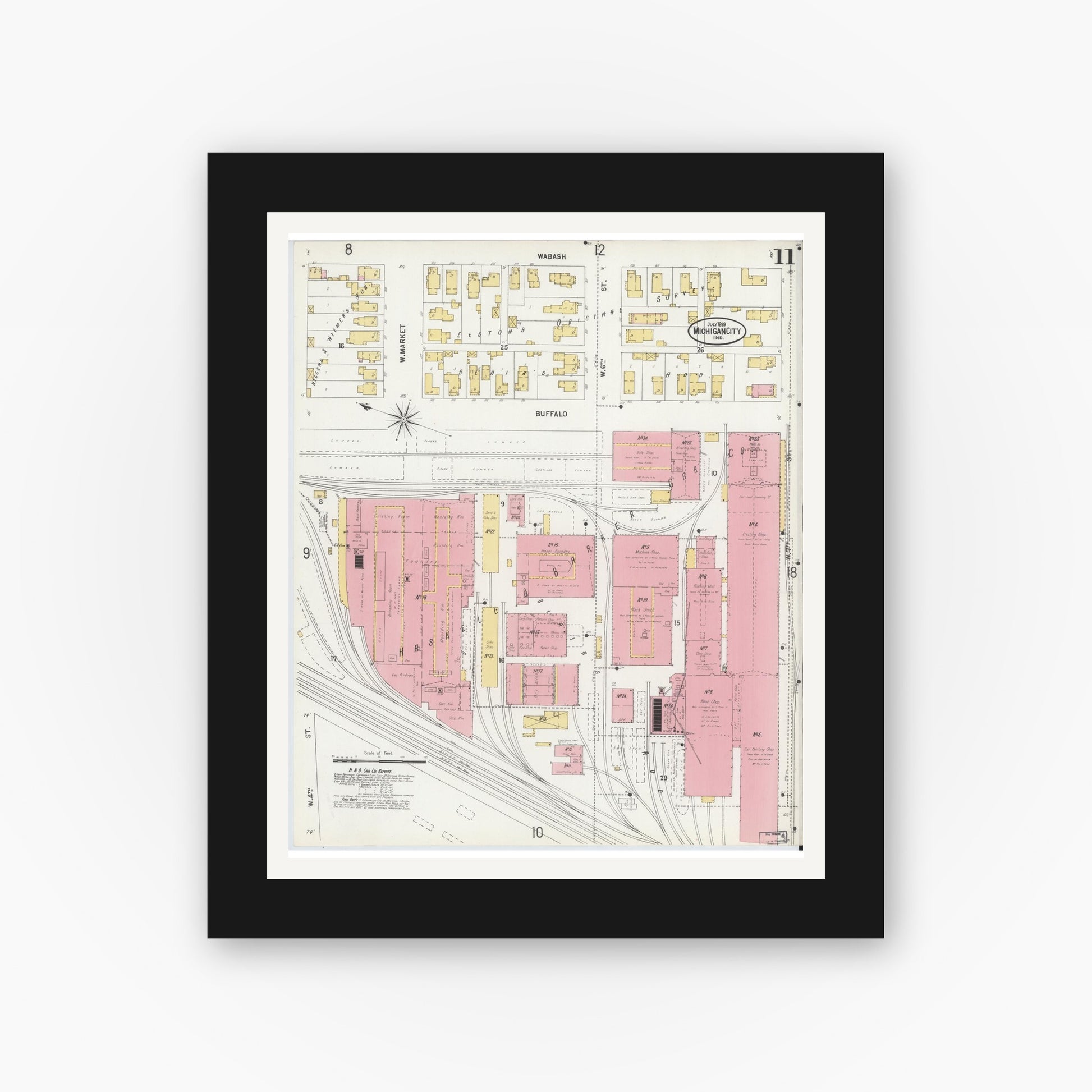 Old map wall art mockup — black gallery frame with white mat — Sanborn Fire Insurance Map from Michigan City, La Porte County, Indiana (1899), Sheet #0011
