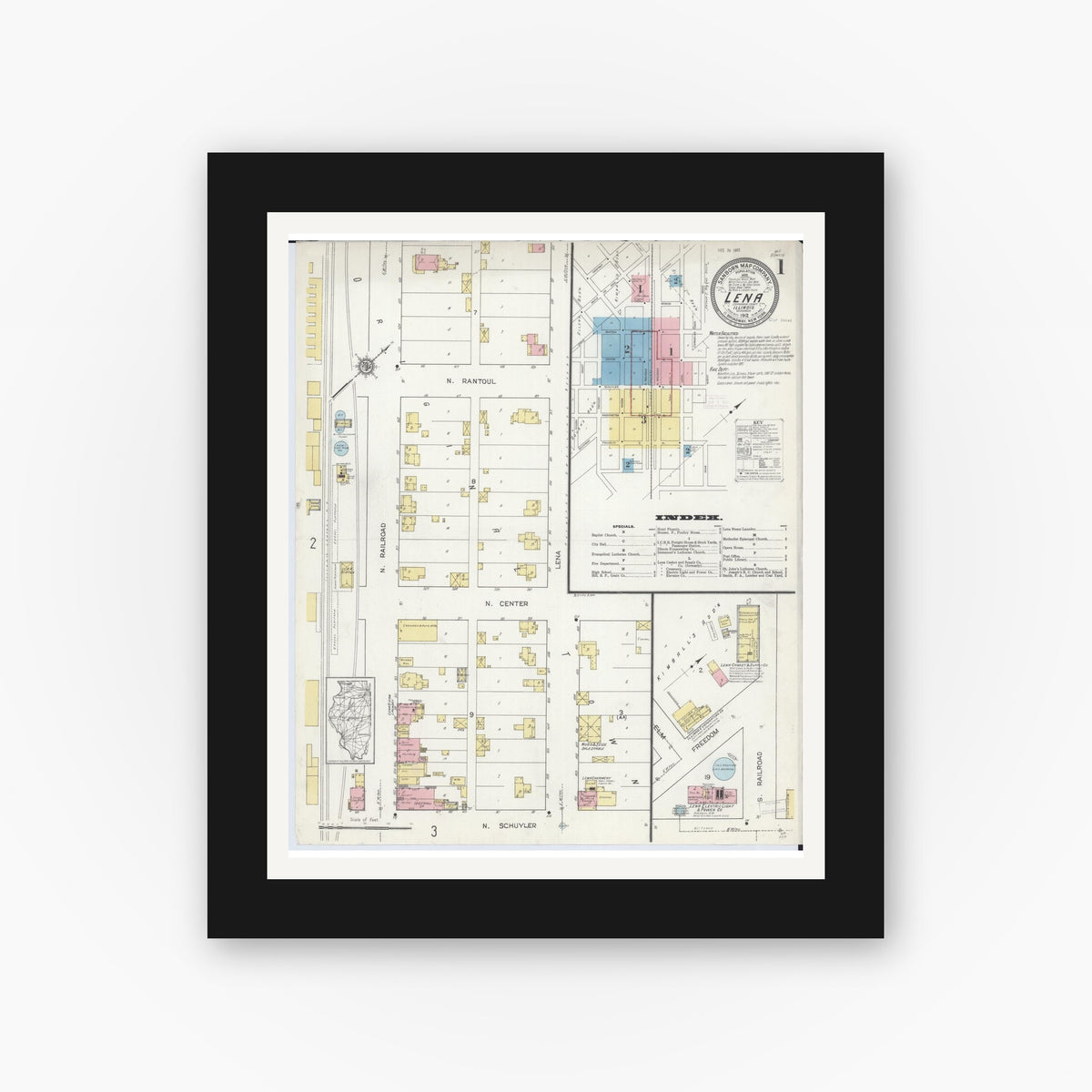 Old map wall art mockup — black gallery frame with white mat — Sanborn Fire Insurance Map from Lena, Stephenson County, Illinois (1912) - Complete Map Set