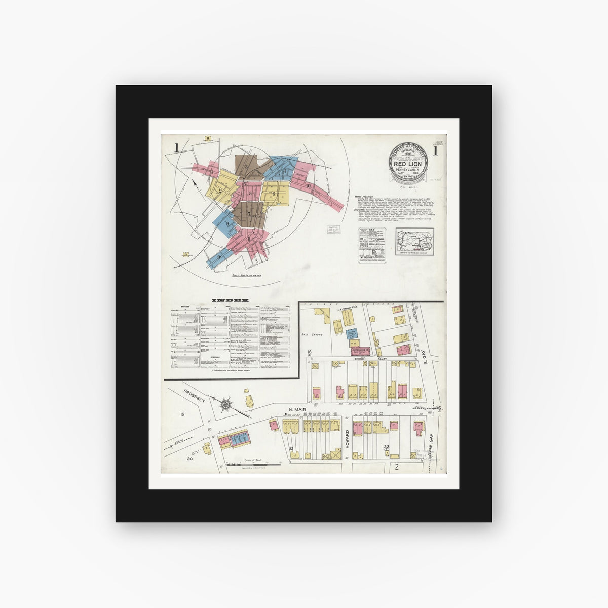Old map wall art mockup — black gallery frame with white mat — Sanborn Fire Insurance Map from Red Lion, York County, Pennsylvania (1923) - Complete Map Set