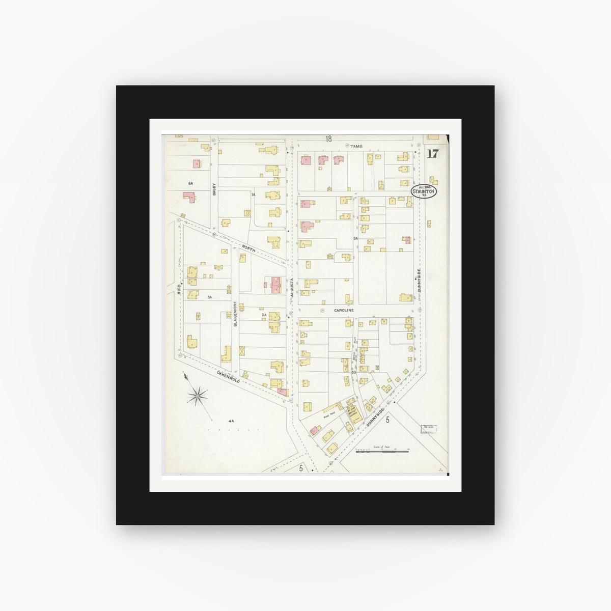 Old map wall art mockup — black gallery frame with white mat — Sanborn Fire Insurance Map from Staunton, Independent Cities, Virginia (1904), Sheet #0017