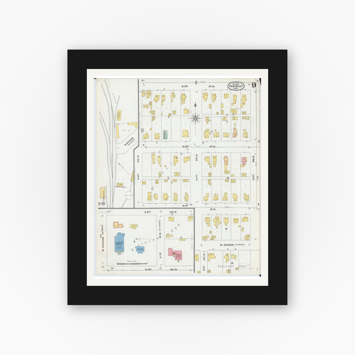 Old map wall art mockup — black gallery frame with white mat — Sanborn Fire Insurance Map from Faribault, Rice County, Minnesota (1905), Sheet #0009