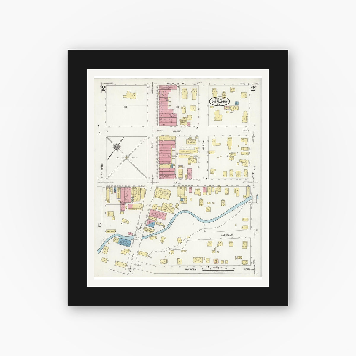 Old map wall art mockup — black gallery frame with white mat — Sanborn Fire Insurance Map from Port Allegany, McKean County, Pennsylvania (1924), Sheet #0002