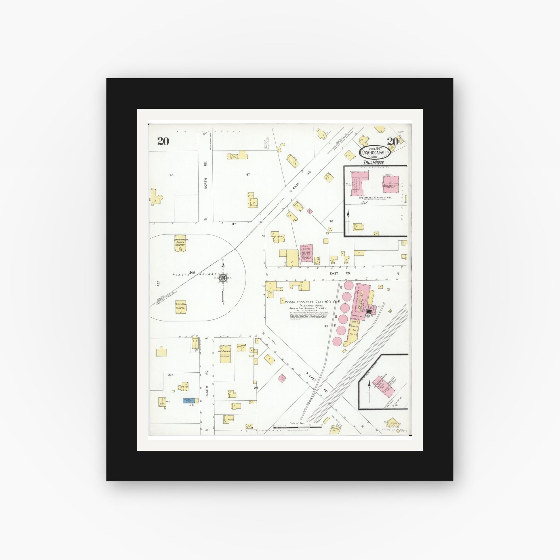 Old map wall art mockup — black gallery frame with white mat — Sanborn Fire Insurance Map from Cuyahoga Falls, Summit County, Ohio (1927), Sheet #0020